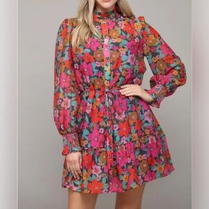 Fate Fuchsia Multi Floral Dress with Tie